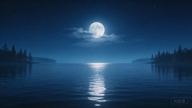 月光湖景壁纸：宁静湖面倒映银色月光，高清4K超宽屏自然风光