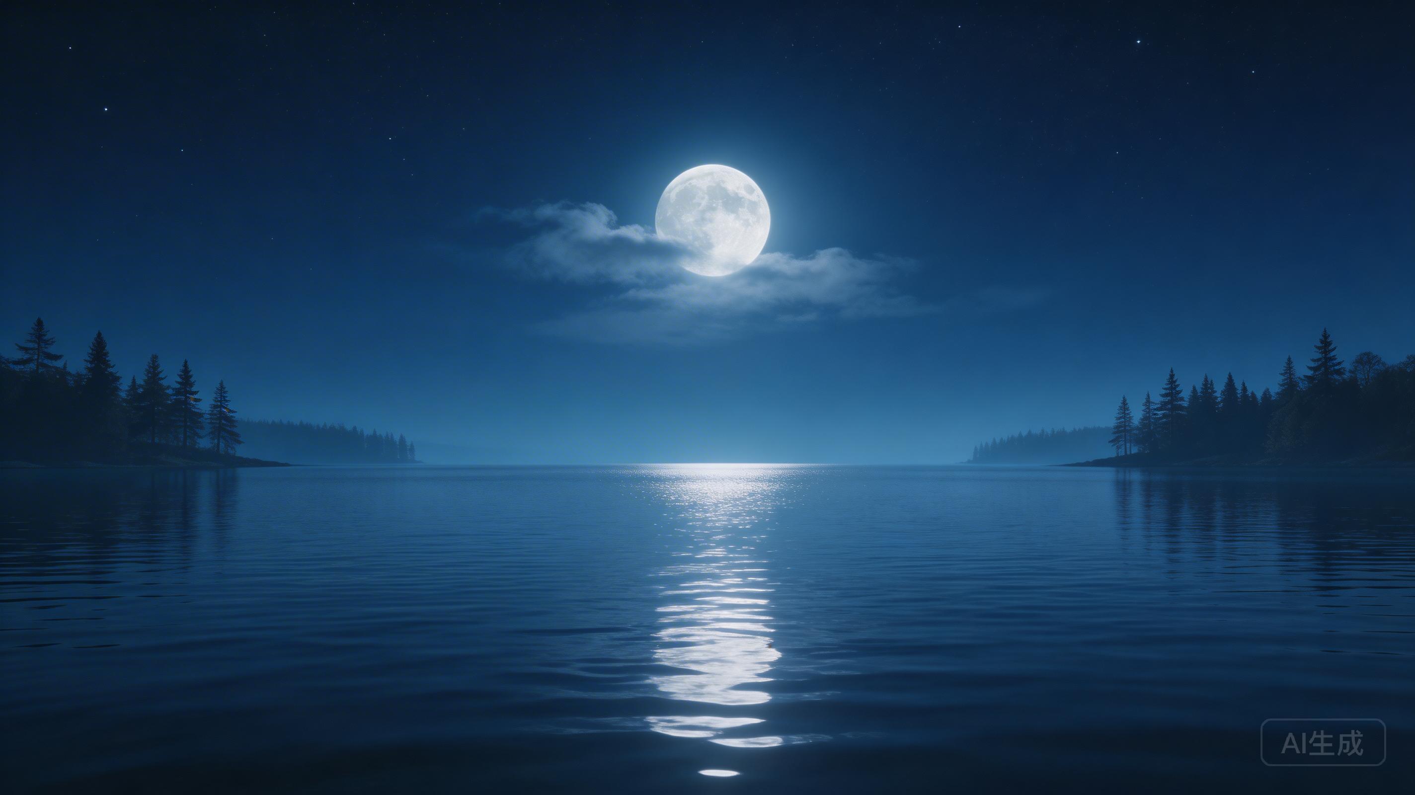 月光湖景壁纸：宁静湖面倒映银色月光，高清4K超宽屏自然风光