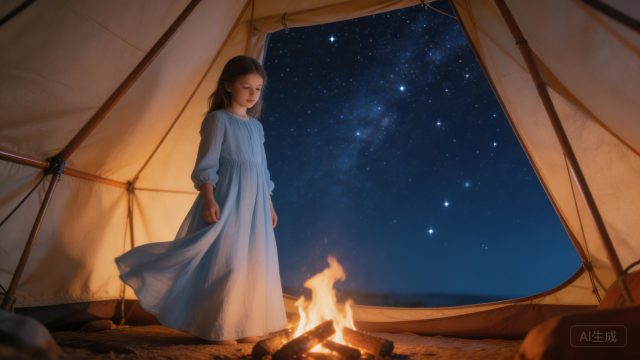 星空下帐篷篝火少女壁纸 – 梦幻露营与星夜氛围高清4K图片