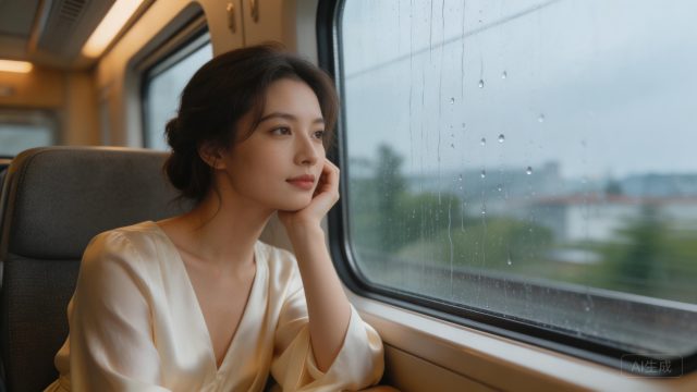 壁纸: 优雅女子静坐高铁窗边，雨滴滑落玻璃窗的唯美壁纸
