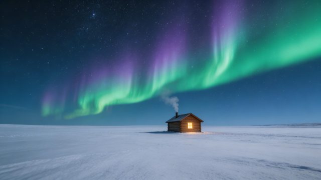 壁纸: 极光下的雪原木屋：星夜中舞动的绿紫极光与静谧雪景
