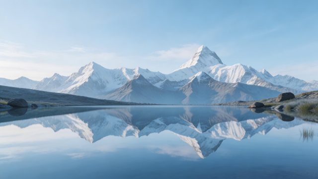 壁纸: 雪山倒映在镜面般的高山湖泊中，宁静的清晨风光壁纸