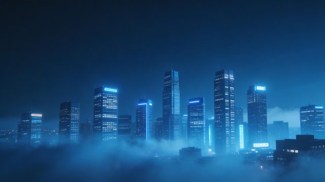 壁纸: 夜幕下的都市天际线：蓝色调灯光与薄雾交织的电影感宽幅画面