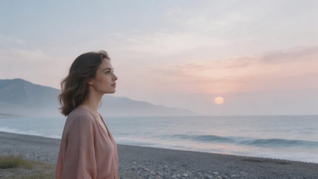 壁纸: 一位女性凝望远方海面的莫兰迪色系壁纸，柔和蓝粉灰调渲染静谧山海日落