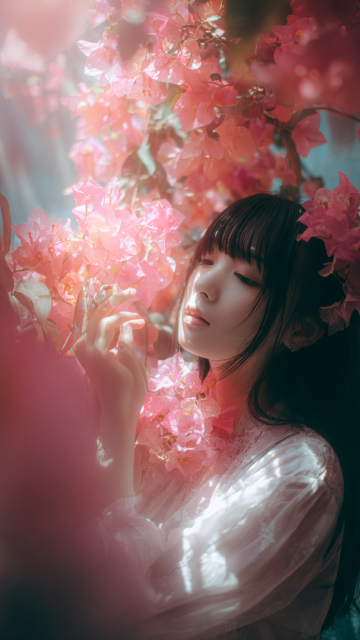 粉樱树下少女轻抚花瓣宫崎骏风格柔光壁纸 | 4K高清手机壁纸下载
