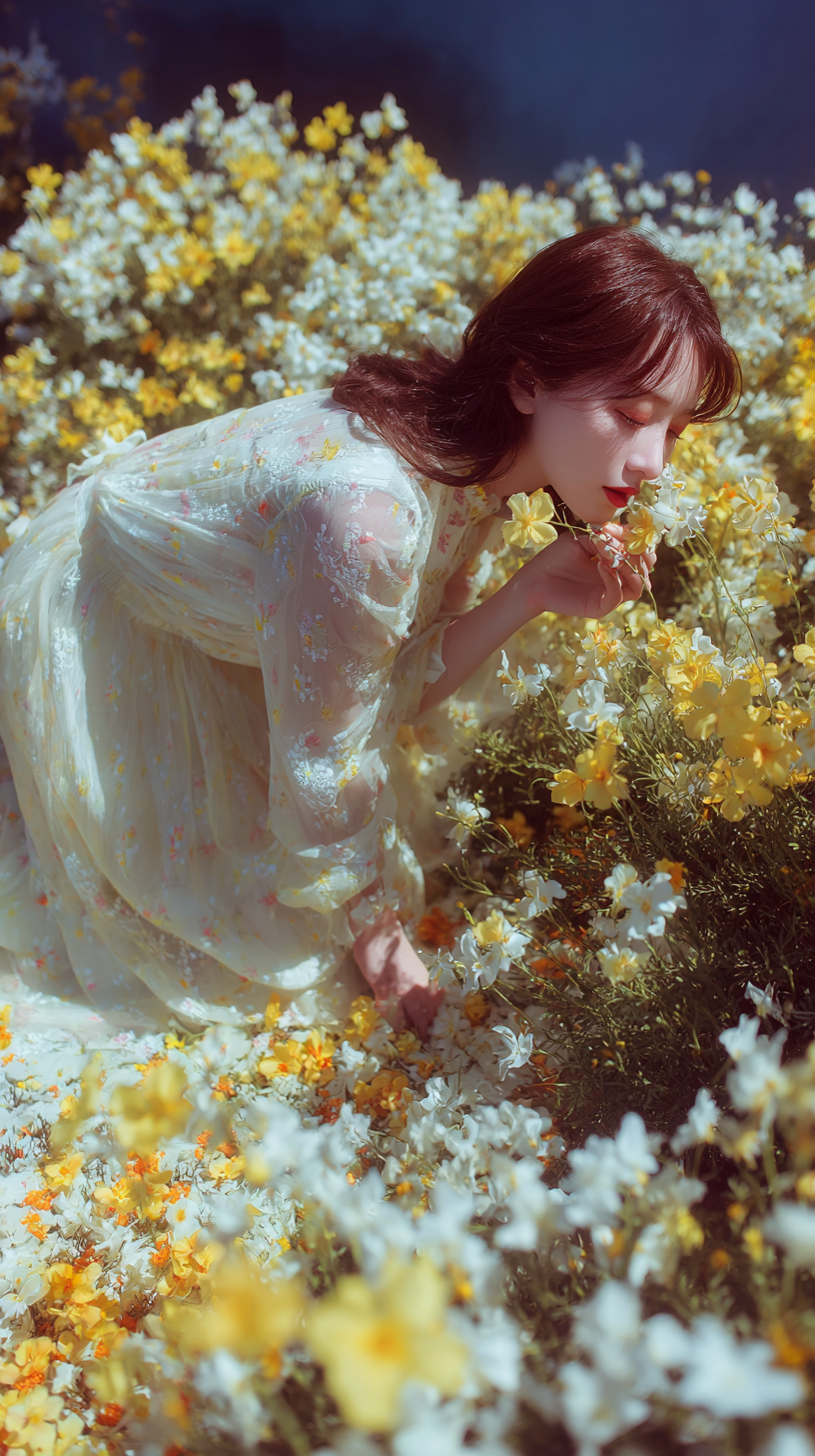 花海少女轻嗅花香唯美4K手机壁纸 | 印象派油画质感梦幻风景