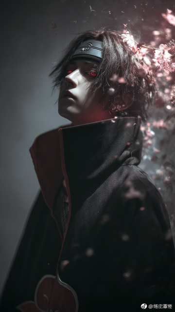 宇智波鼬晓袍写轮眼月读幻术壁纸 | 樱花水面血色月光悲怆氛围