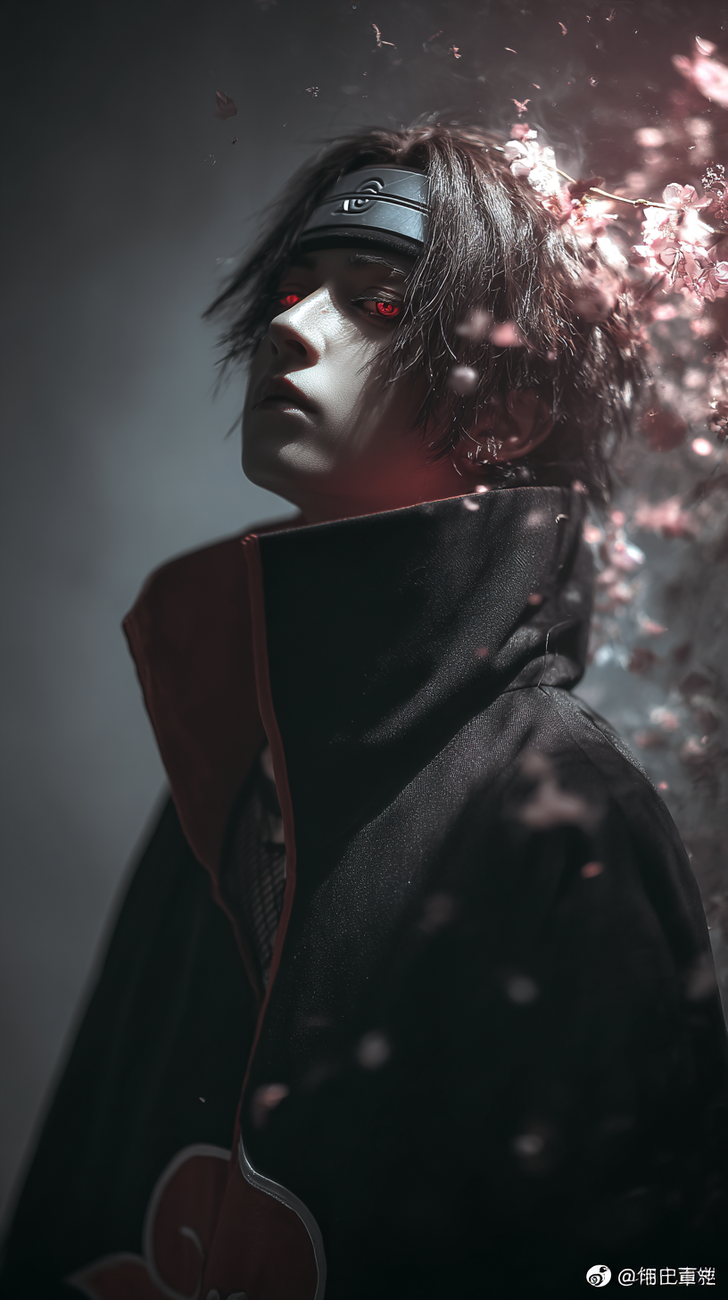 宇智波鼬晓袍写轮眼月读幻术壁纸 | 樱花水面血色月光悲怆氛围