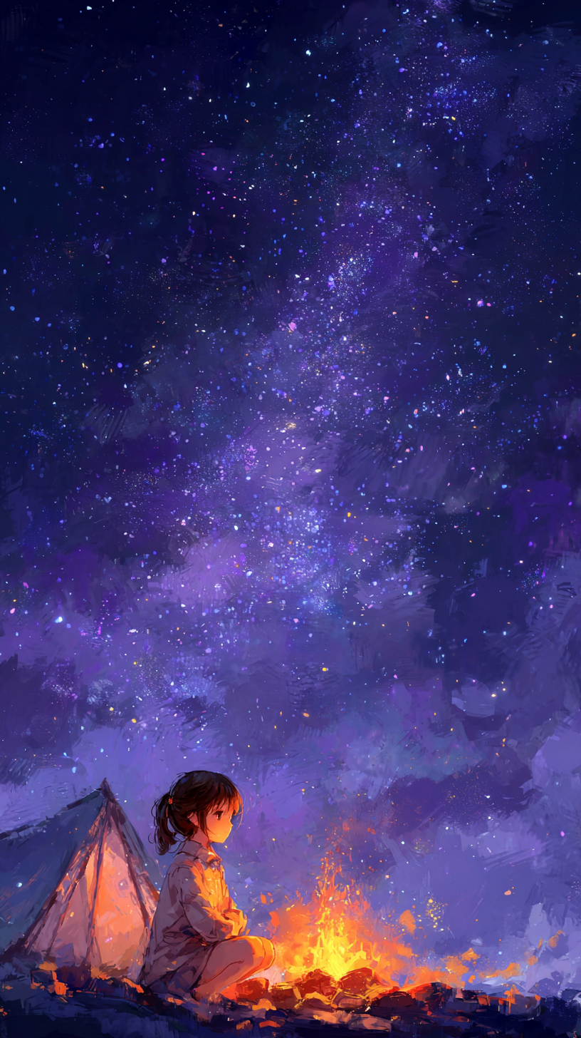 吉卜力风格星空篝火壁纸：少女仰望银河的梦幻手绘场景 | 4K高清手机壁纸下载