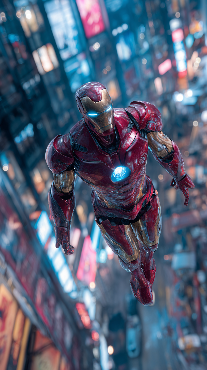钢铁侠战甲悬浮赛博朋克都市夜空壁纸 – 4K高清手机竖屏
