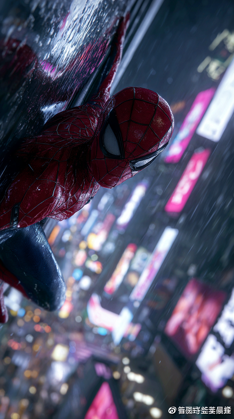 蜘蛛侠赛博朋克雨夜飞跃纽约动态壁纸 – 4K高清手机竖屏