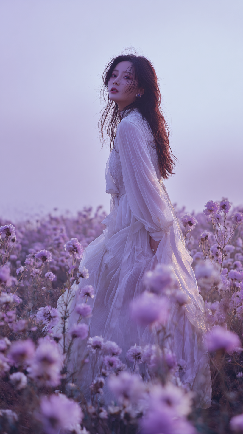 晨光花海飘逸长发女子雪纺长裙梦幻肖像4K手机壁纸