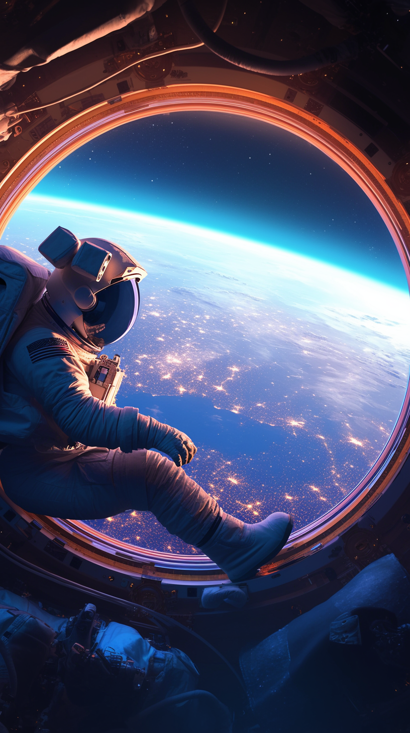 宇航员凝视地球的太空舱窗景：4K高清NASA风格壁纸下载