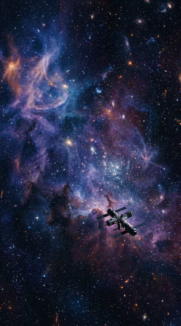 浩瀚宇宙星云旋转空间站壁纸 – 深蓝紫色调科幻场景高清4K手机壁纸