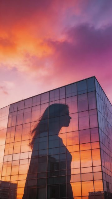 都市丽人剪影映衬摩天玻璃幕墙，黄昏天际橙紫交织电影感壁纸