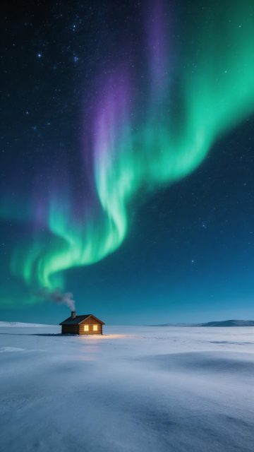 雪原极光下的孤独木屋壁纸：璀璨星空与绿紫光舞交织的静谧冬夜