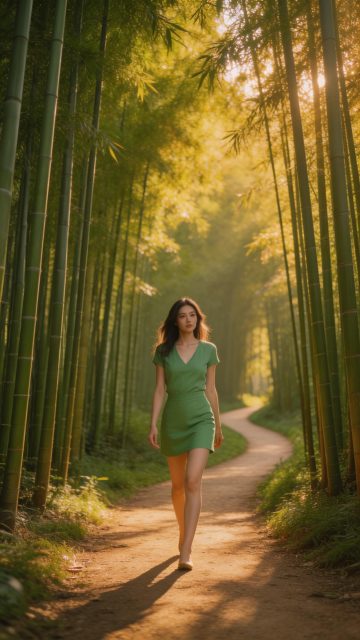 竹林小径上的绿裙少女：斑驳光影与宁静氛围的完美融合